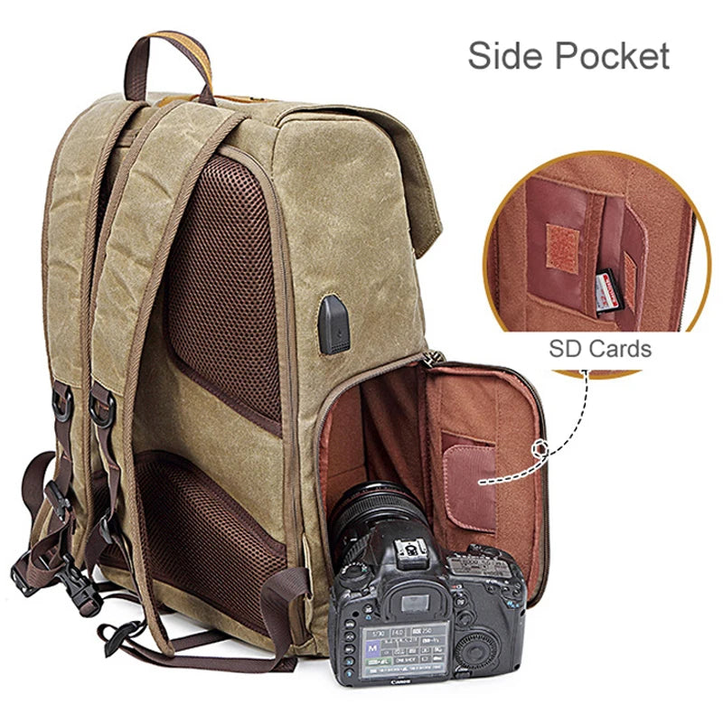 Photography Retro Waterproof Batik Canvas Backpack W USB Port Fit 15.6Inch Laptop Men Camera Bag Carry Case for Canon Nikon DSLR