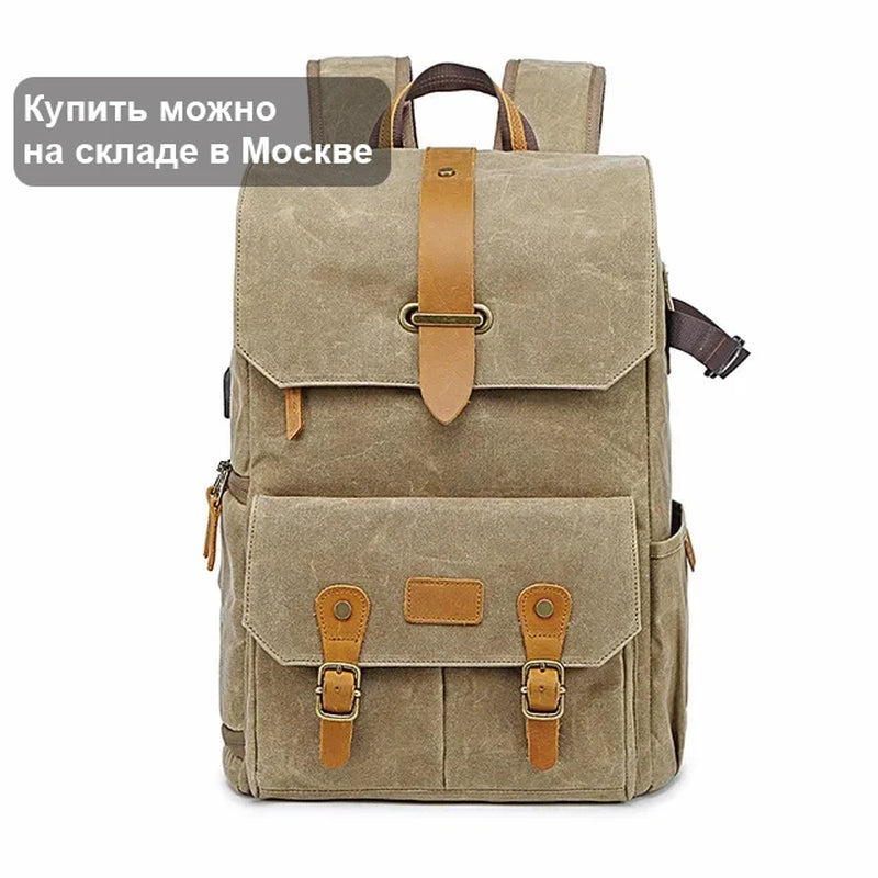 Photography Retro Waterproof Batik Canvas Backpack W USB Port Fit 15.6Inch Laptop Men Camera Bag Carry Case for Canon Nikon DSLR